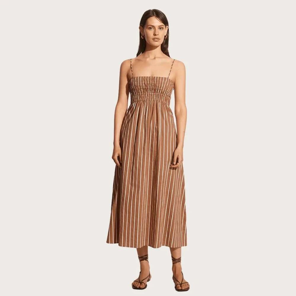 Faithfull the Brand Marieka Midi Dress US 8 AUS 12 Adia Stripe Hazelnut $189